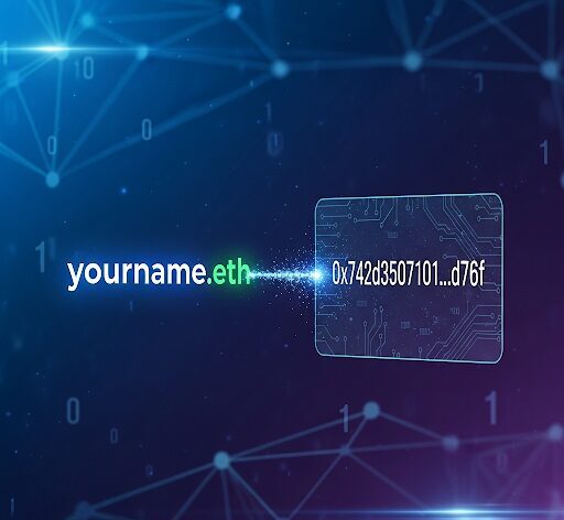 ENS(.eth) → 0x… 지갑 주소 매핑 ENS .eth 도메인이 지갑 주소로 매핑되는 콘셉트 이미지
