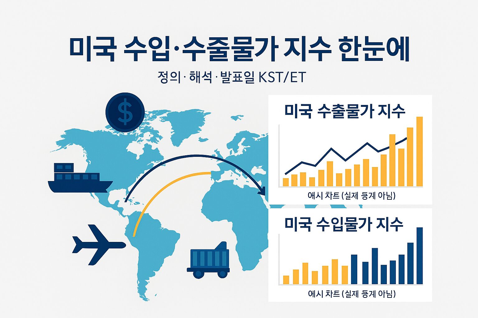 미국 수입·수출물가 지수 개념 인포그래픽(세계지도, 무역 루트, 예시 차트)