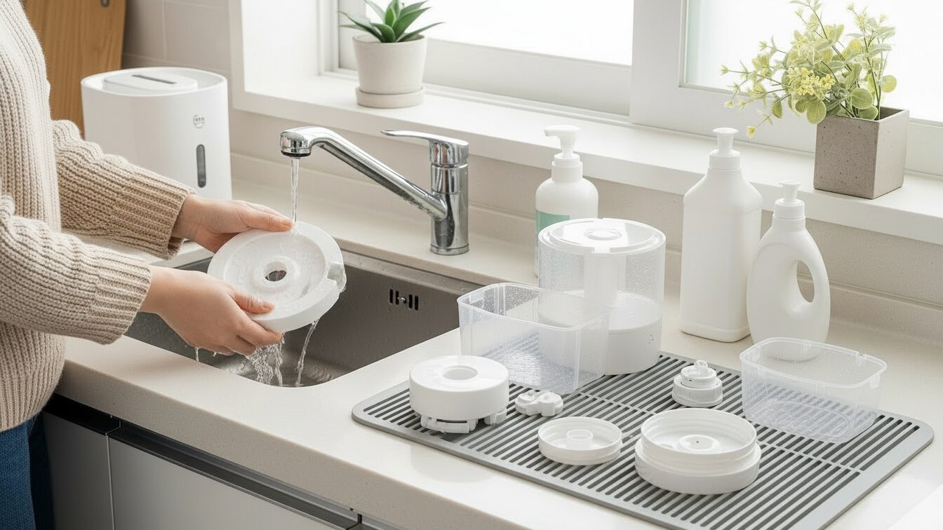 가습기 물통을 세척하고 자연 건조하는 장면