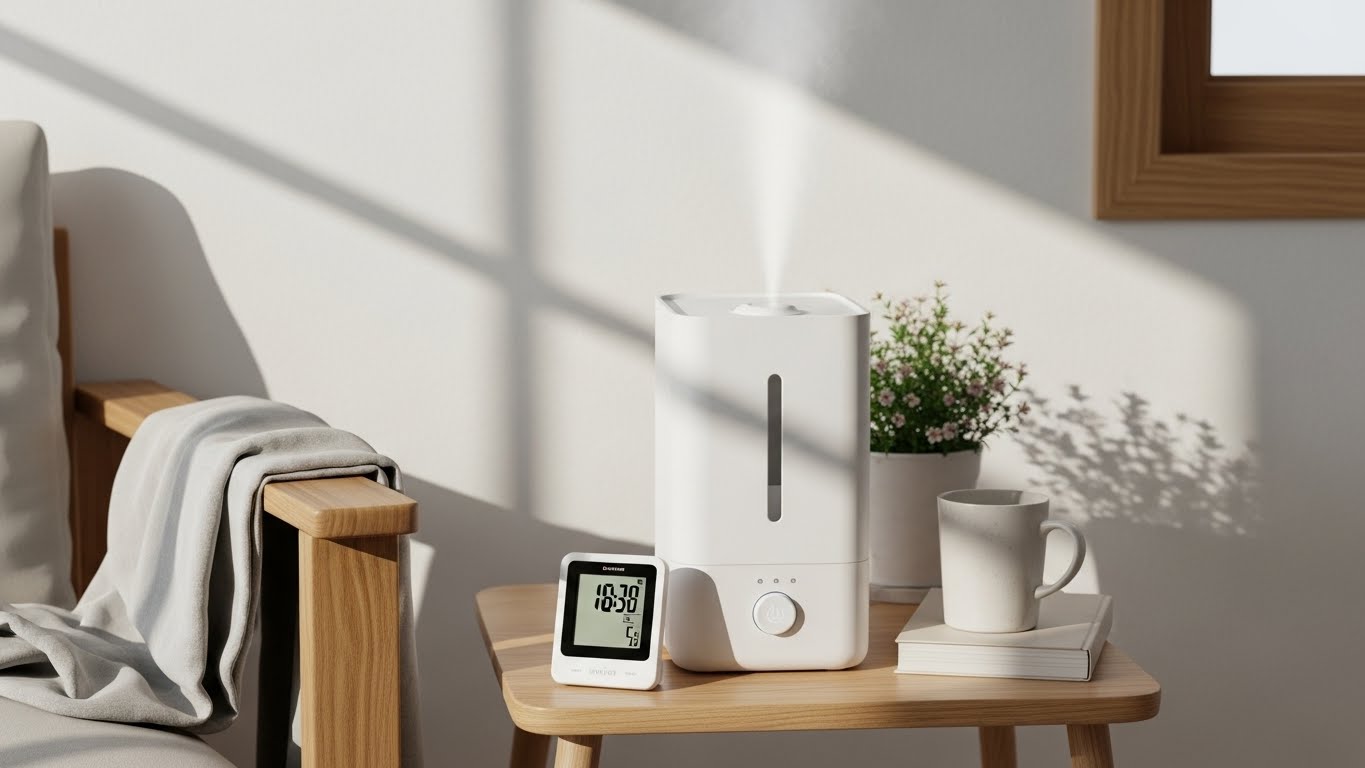 겨울 실내에서 가습기와 습도계를 함께 사용하는 장면