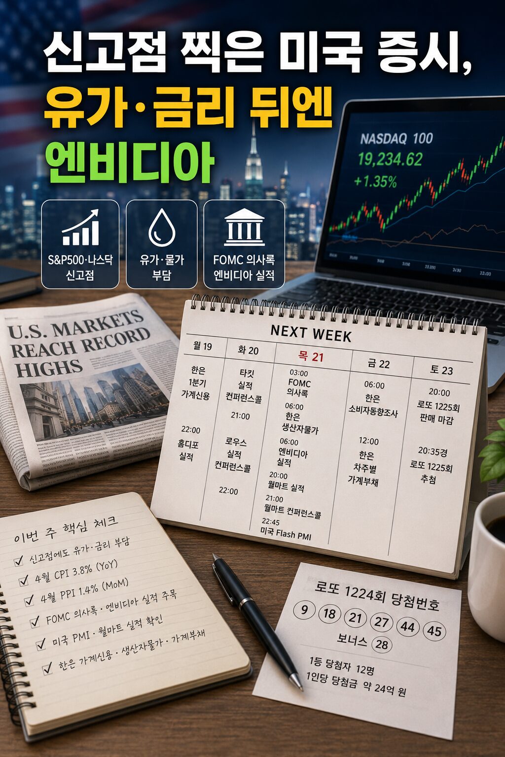 경제신문과 노트북 차트, 달력, 로또 용지가 놓인 책상
