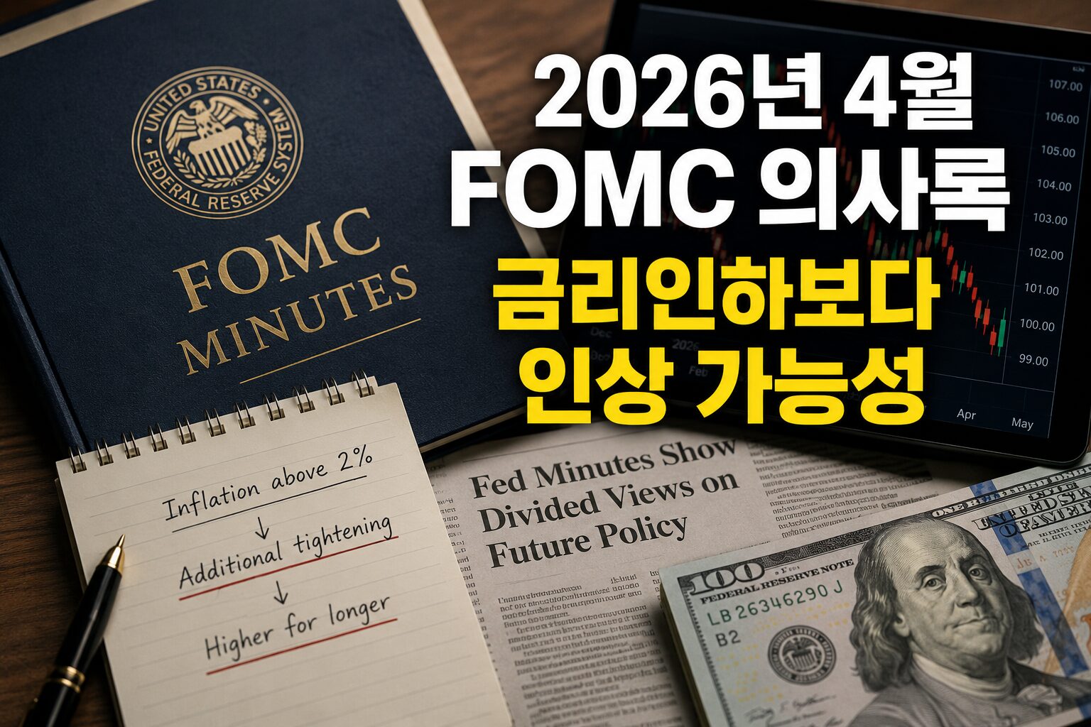2026년 4월 FOMC 의사록과 달러인덱스 시장 반응을 보여주는 금융시장 이미지