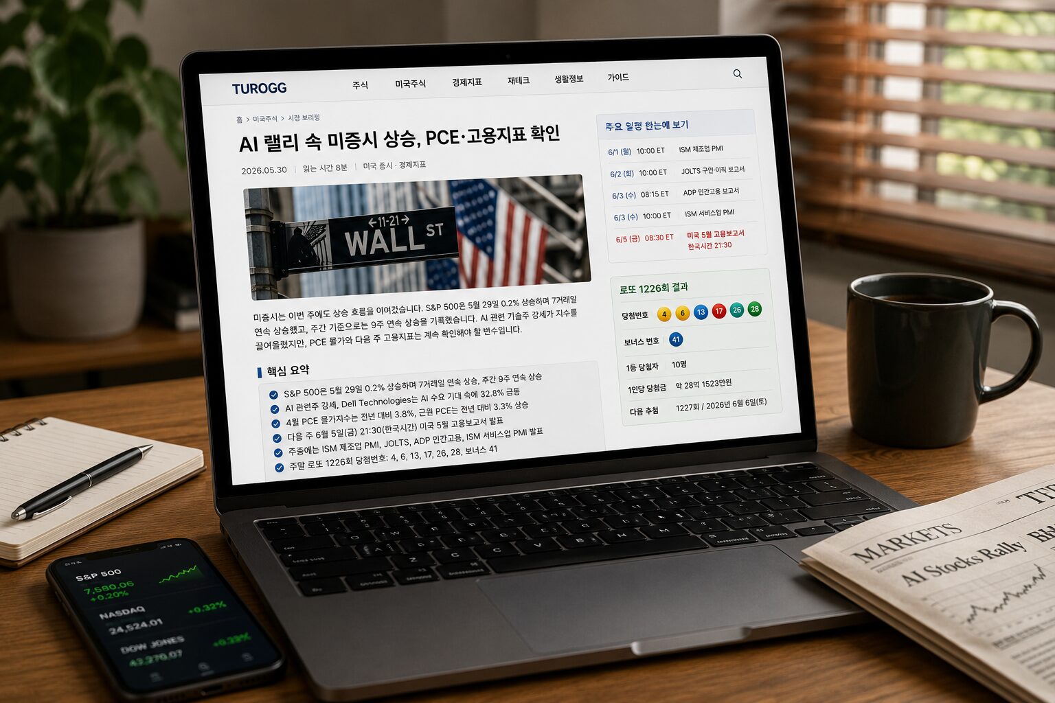 미증시와 경제지표를 확인하는 책상 위 노트북과 신문 이미지