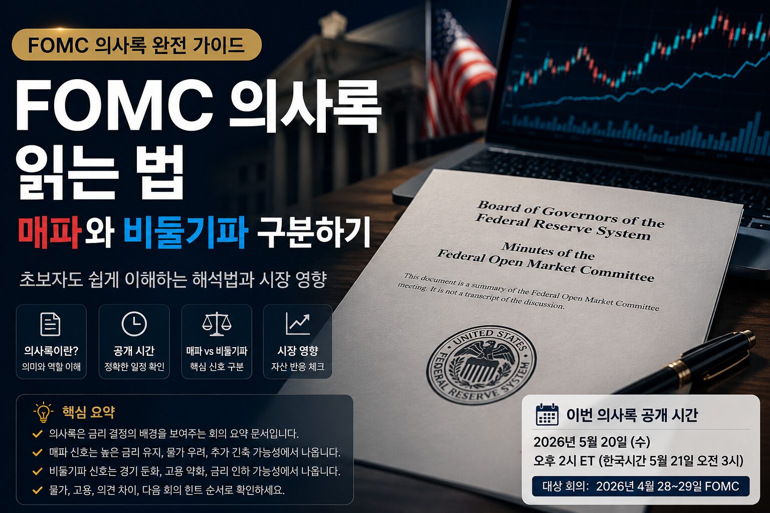 FOMC 의사록과 국채금리 차트를 확인하는 책상 위 노트북과 문서