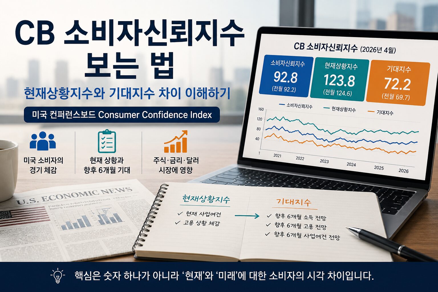 미국 소비자신뢰지수 발표를 확인하는 노트북과 경제신문이 놓인 책상