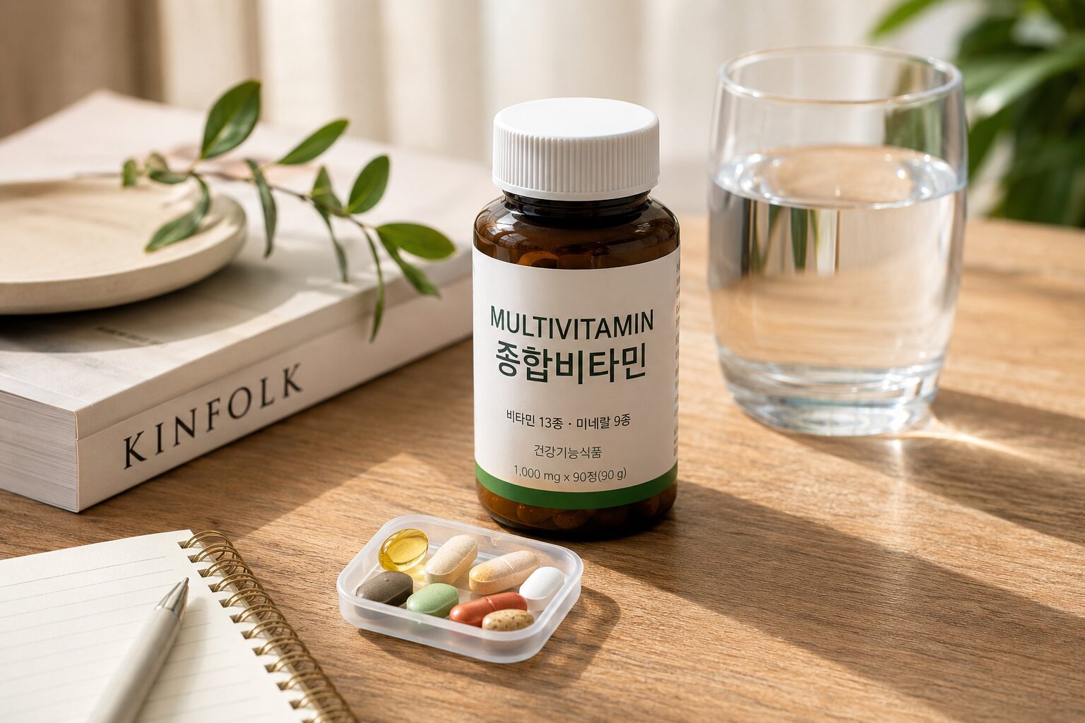 종합비타민 병과 물컵, 알약 케이스가 놓인 아침 식탁 이미지