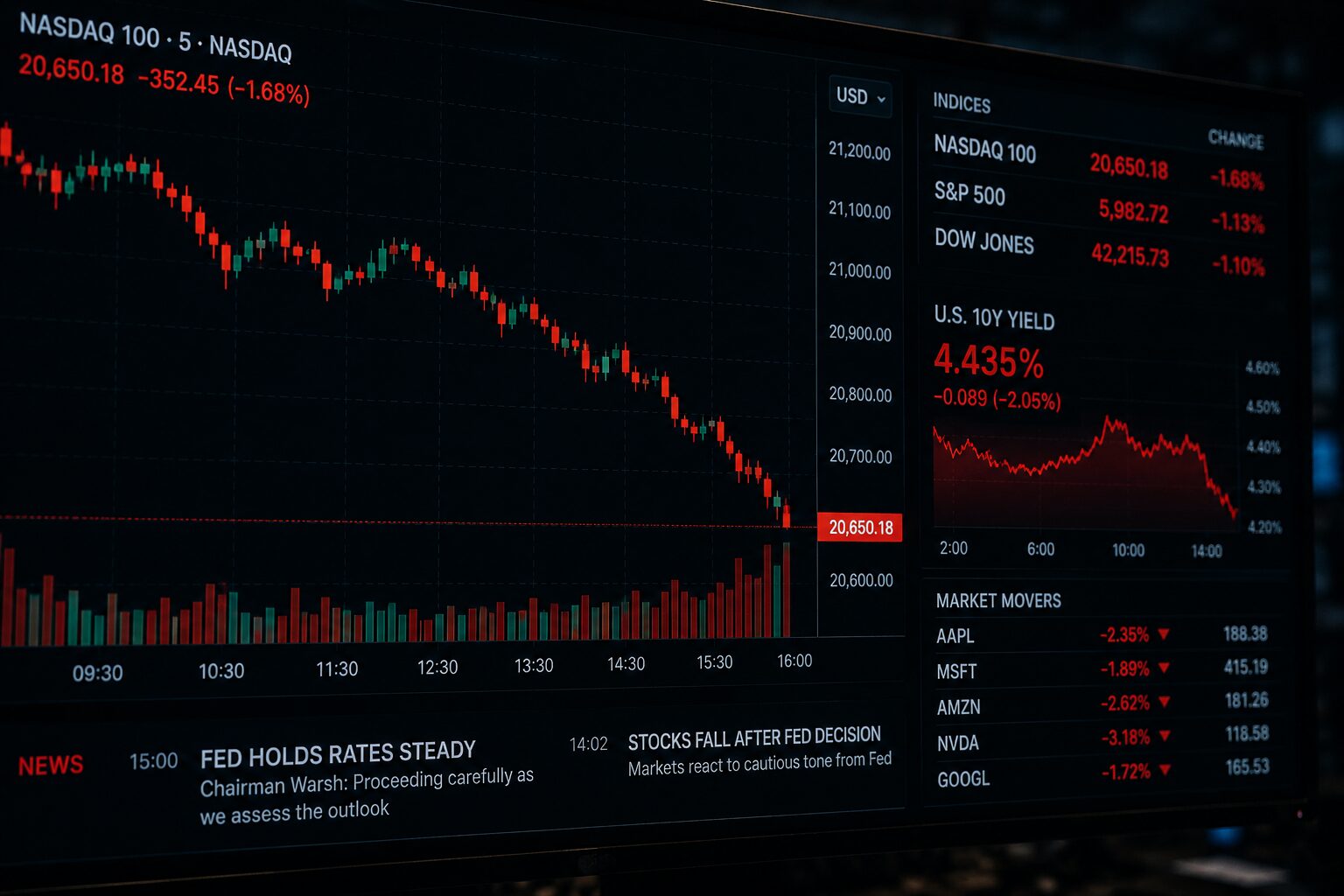 FOMC 발표 이후 하락 차트와 연준 기자회견을 지켜보는 거래실 분위기