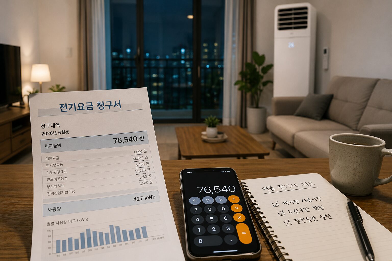 여름 전기요금 고지서와 사용량을 확인하는 거실 장면