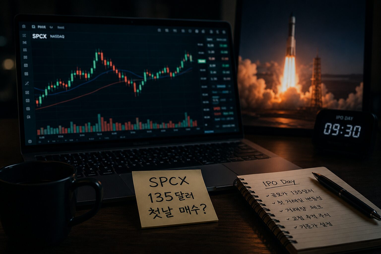 스페이스X 주식 첫날 매수와 SPCX 차트를 확인하는 투자 책상 이미지