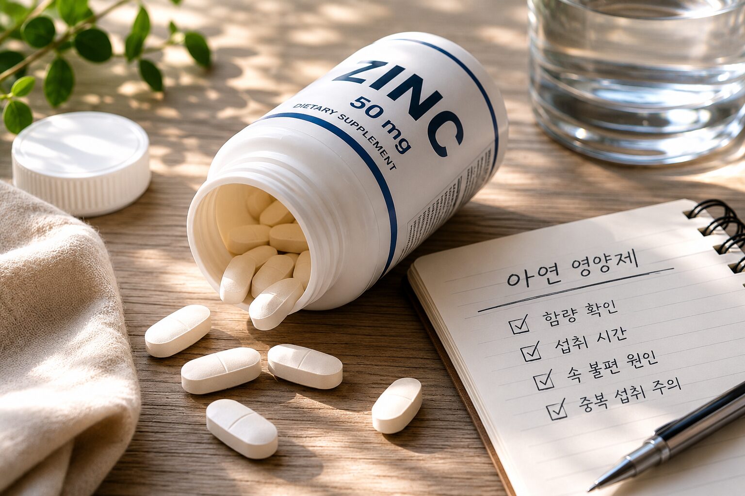 아연 영양제와 물컵, 영양제 함량을 확인하는 장면