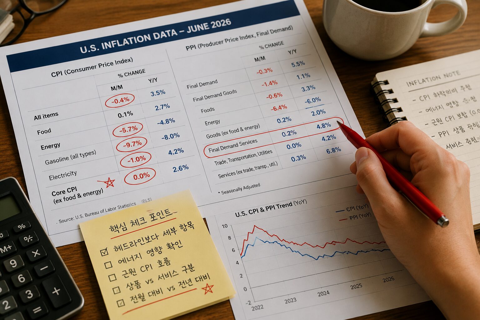 미국 6월 CPI와 PPI 발표 결과를 세부 항목별로 확인하는 경제지표 분석 이미지