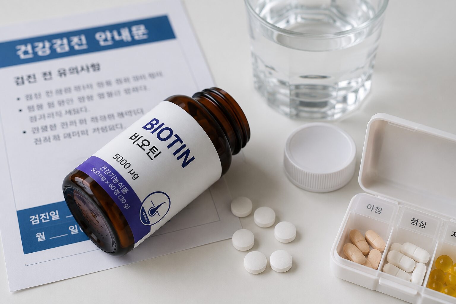 건강검진 전 비오틴 영양제와 알약 케이스를 확인하는 장면