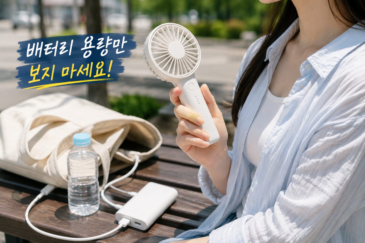 여름 야외에서 휴대용 손선풍기를 사용하는 모습과 보조배터리