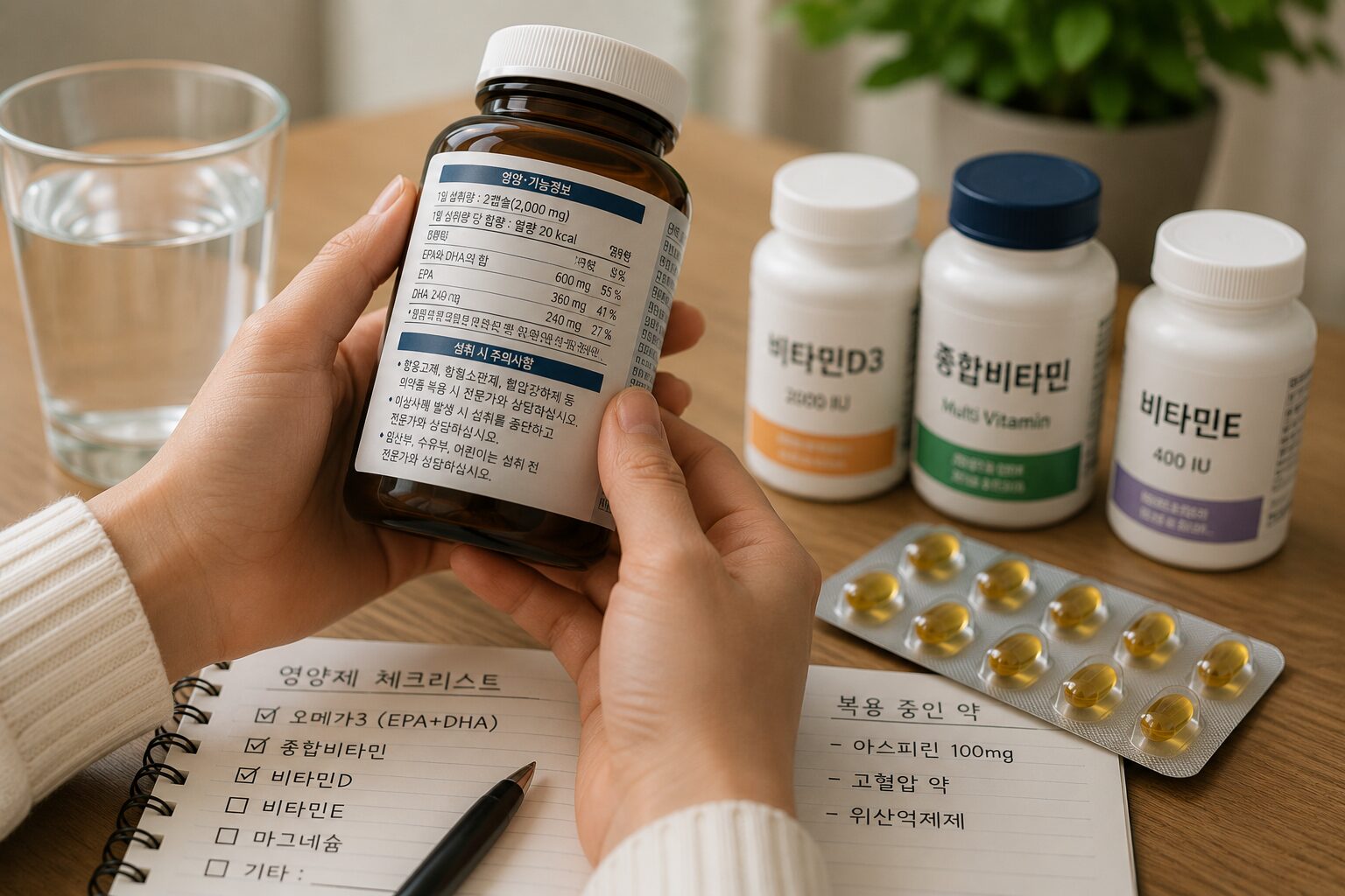 오메가3 영양제와 복용 전 체크리스트를 확인하는 장면