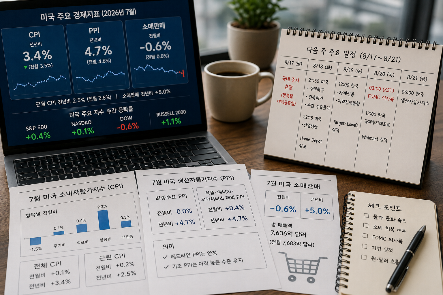 2026년 7월 미국 CPI PPI 소매판매와 8월 17일부터 21일까지 다음 주 경제일정을 정리한 이미지