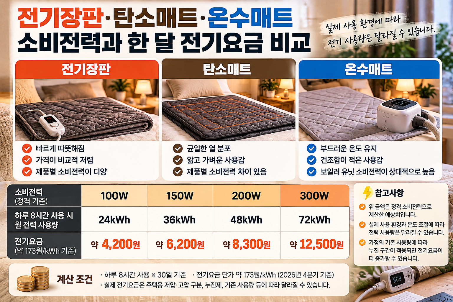 전기장판 탄소매트 온수매트 소비전력별 한 달 전력 사용량 비교